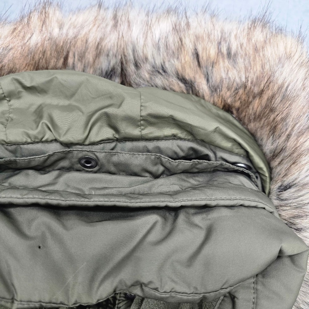 Lands End Down Puffer Coat Jacket M Olive Green Faux Fur Hood Winter Snow Parka - Picture 11 of 16